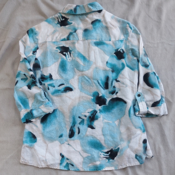 JM Collection Floral Abstract Blue White Linen Button Up 3/4 Sleeve, 4P - Picture 7 of 8